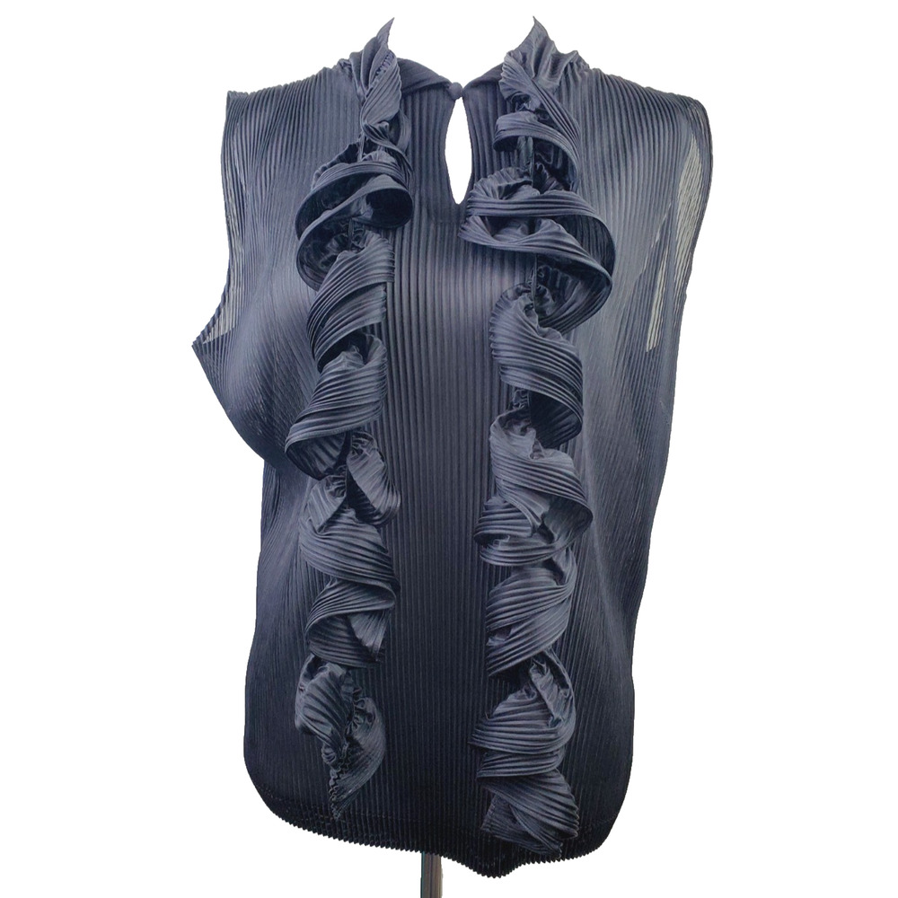 Giorgio ARMANI Top Womens Meduim Black Accordion Pleated Designer Satin Ruffles